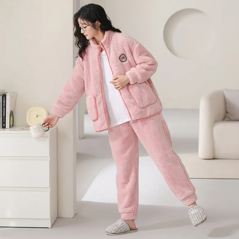 Autumn And Winter Flannel Pajama Head Coral Velvet Pajama Women's Thickened Japanese Women's Homewear Set With Velvet Winter Specification drawing