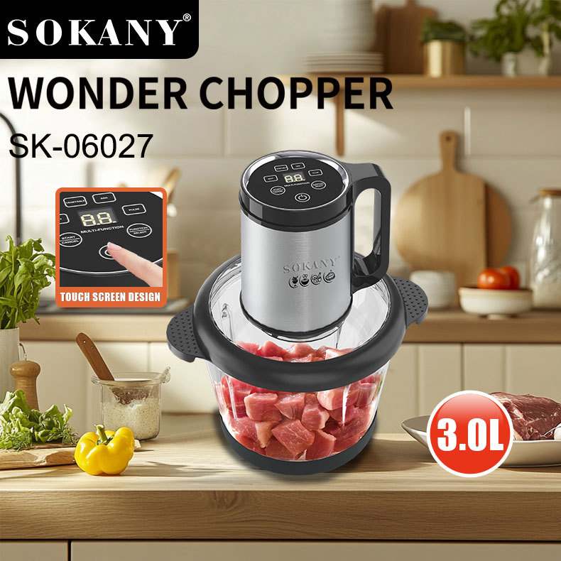 出口SOKANY06027绞肉机玻璃碗3L家用碎菜机触屏定时搅拌料理机