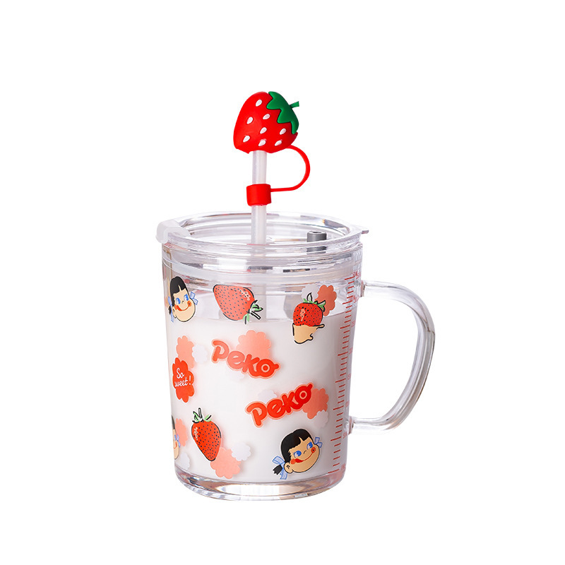 Glass Large Capacity Milk Cup Children's Straw Cup Cartoon Household Cup With Graduated Lid Cup Cute Water Cup Item Picture