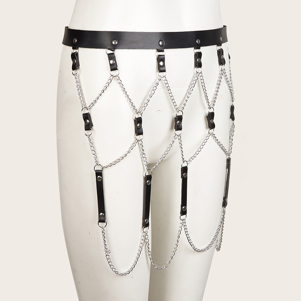Sex toys women's black leather one-piece leather mesh chain restraint skirt Specification drawing