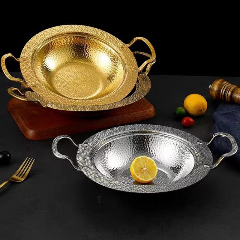 Stainless Steel Dry Pan Pan Double Ears Gold Small Pot Boy Thickened Universal Crayfish Plate Commercial Seafood Thickened Large Coffee Plate