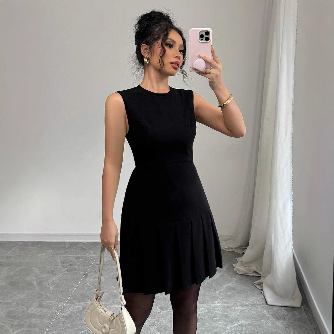 2025TK Amazon Cross-border pleated Mini Skirt, European and American women's casual sleeveless elegant solid color mini dress Specification drawing