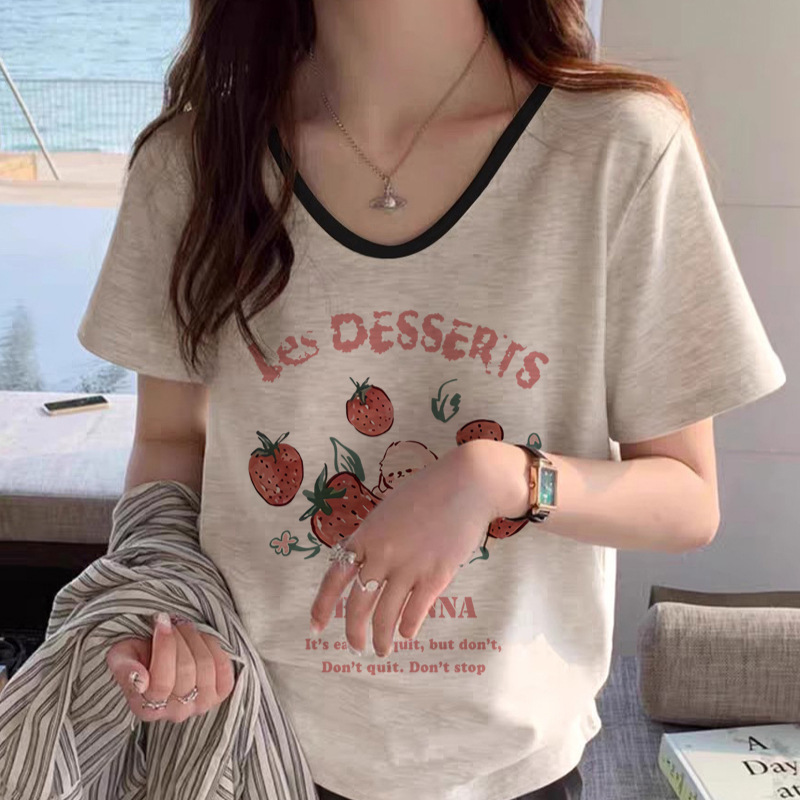 A large-sized cotton V-neck short-sleeved T-shirt for women, a new summer fashion in 2025. It's a top for slightly overweight girls to look slimmer and cover their bellies