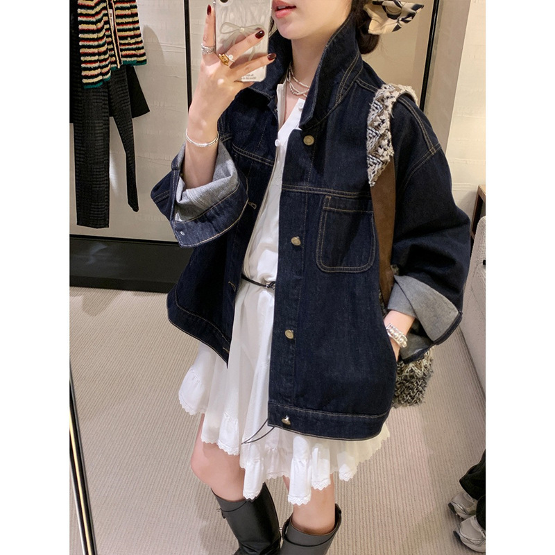 上新价 全棉活性染色翻领长袖宽松原色牛仔外套百搭休闲上衣女春产品图