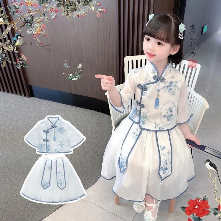 National Trend - Girls' Ancient-style Hanfu Set, Summer Chinese style Little Girls' ancient-style children's blue and White Porcelain Tang Suit Performance costume, flowers