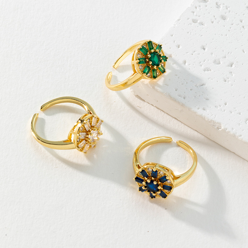 Cross-border fashion European and American micro-inlaid trapezoite zircon ring, women's fashion versatile cross-shaped round multi-color copper-plated ring Specification image