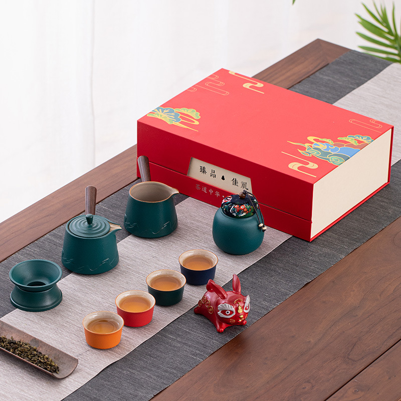 Coarse pottery multi-color Gongfu tea set, home living room teapot, company real estate business gift set full figure