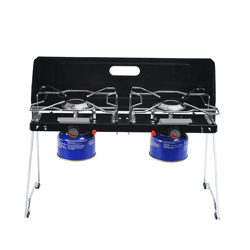 Camping outdoor double-head stove, windproof portable folding butane barbecue hot pot, dual-purpose cassette stove Item Picture