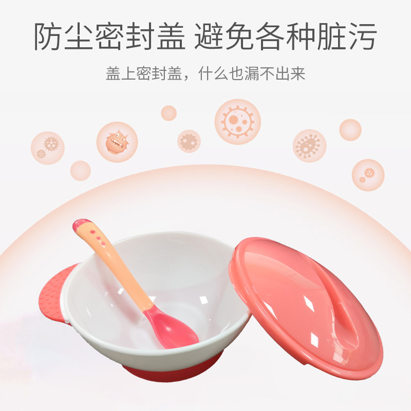 Baby training bowl Two-ear suction bowl with temperature sensitive spoon Baby training bowl suction bowl with glue bowl details Picture