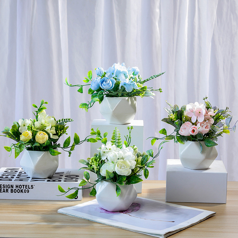 Wholesale European-style simple geometric artificial flower ornaments, living room dining table potted decorative items, home green plants, bonsai and artificial flowers