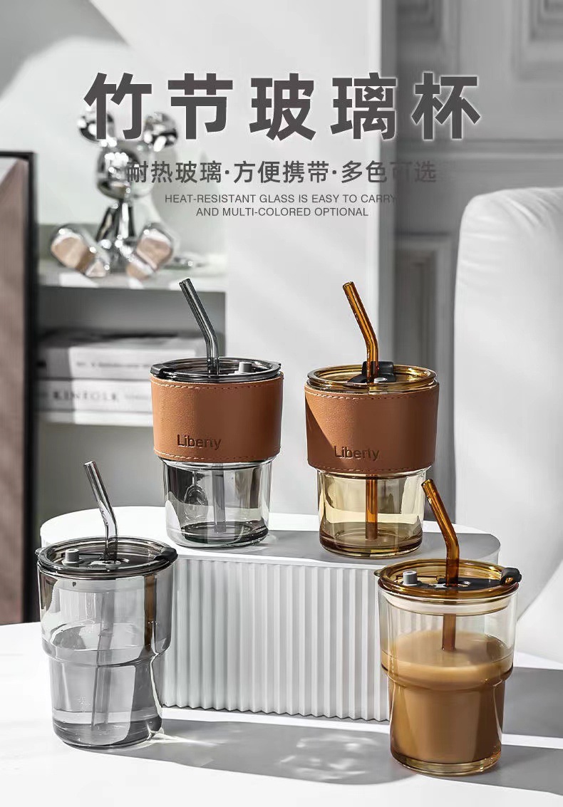 INS bamboo joint glass cup, double-drinking straw cup, high-temperature resistant office gift cup, beverage coffee cup pic 1