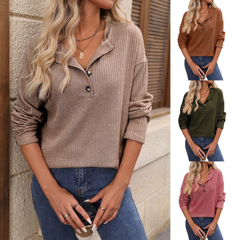 European and American cross-border women's clothing 2024 autumn/winter new Amazon independent Store loose casual striped long-sleeved button T-shirt full figure