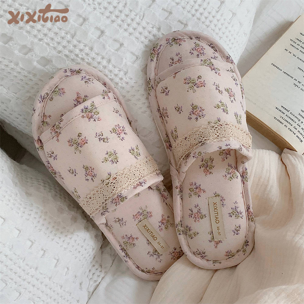 All seasons universal vintage floral algodón lino zapatillas para mujeres 2025 nuevo dulce chica corazón lino de casa zapatillas frescas details Picture