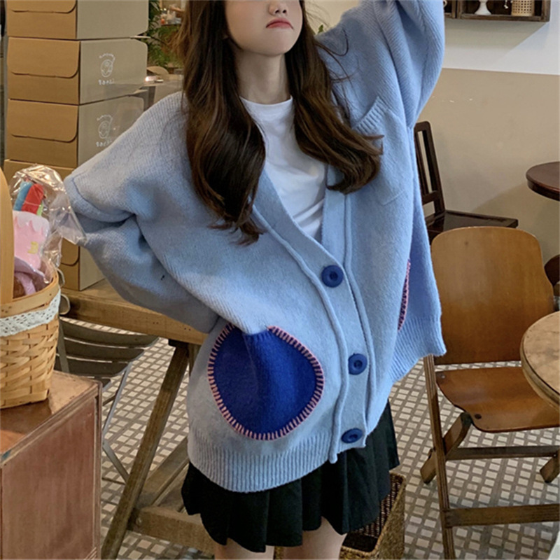 宽松针织开衫外套女秋冬季韩版中长款v领拼接长袖毛衣图