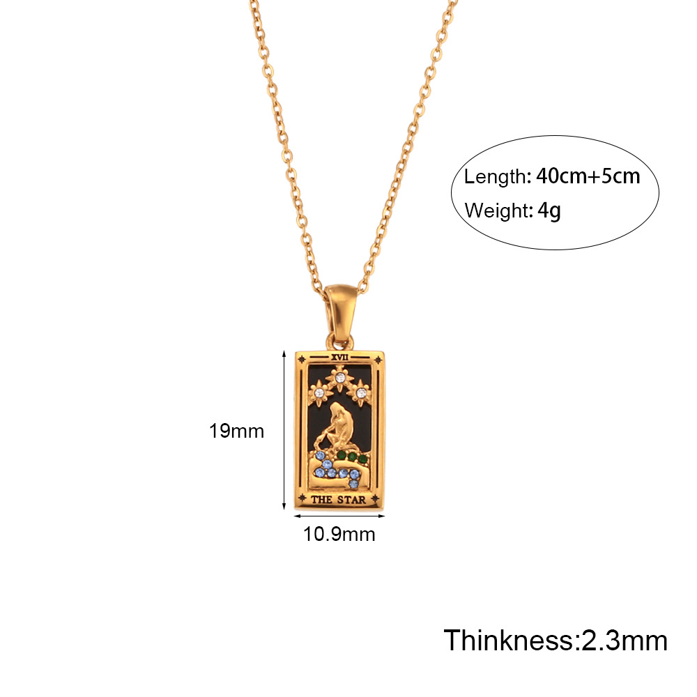 Stainless steel rectangular oil-dripping zircon tarot card necklace, a popular and retro pendant accessory on Instagram in Europe and America details Picture