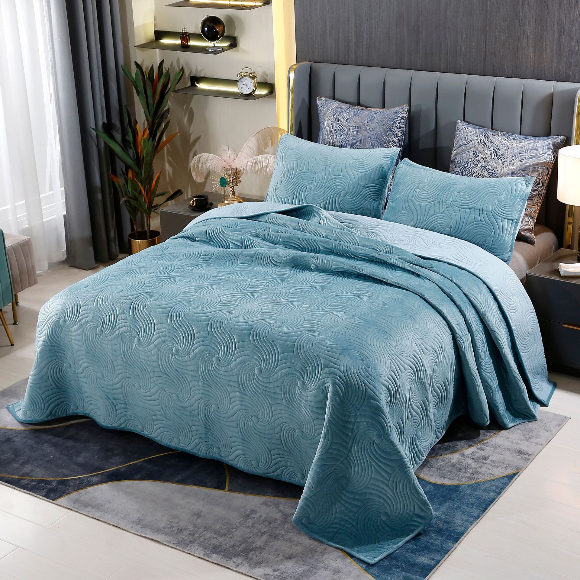 水晶绒绗缝被纯色床盖欧式AB版纯棉水洗空调被春秋棉被子床上用品