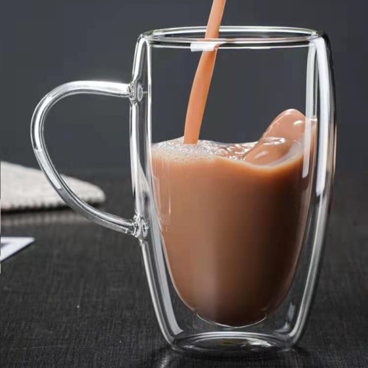 Glass cup with handle, high appearance level, transparent glass, milk tea beverage drinking cup, multiple specifications, heat-insulating double-layer cup Specification image
