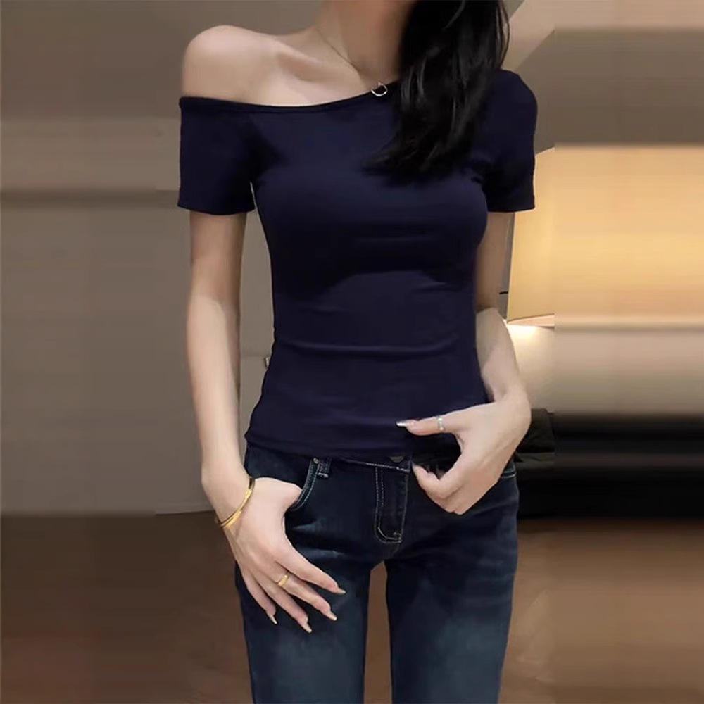 野媛露肩短袖T恤女斜肩夏季修身百搭上衣显瘦设计感设计感打底衫