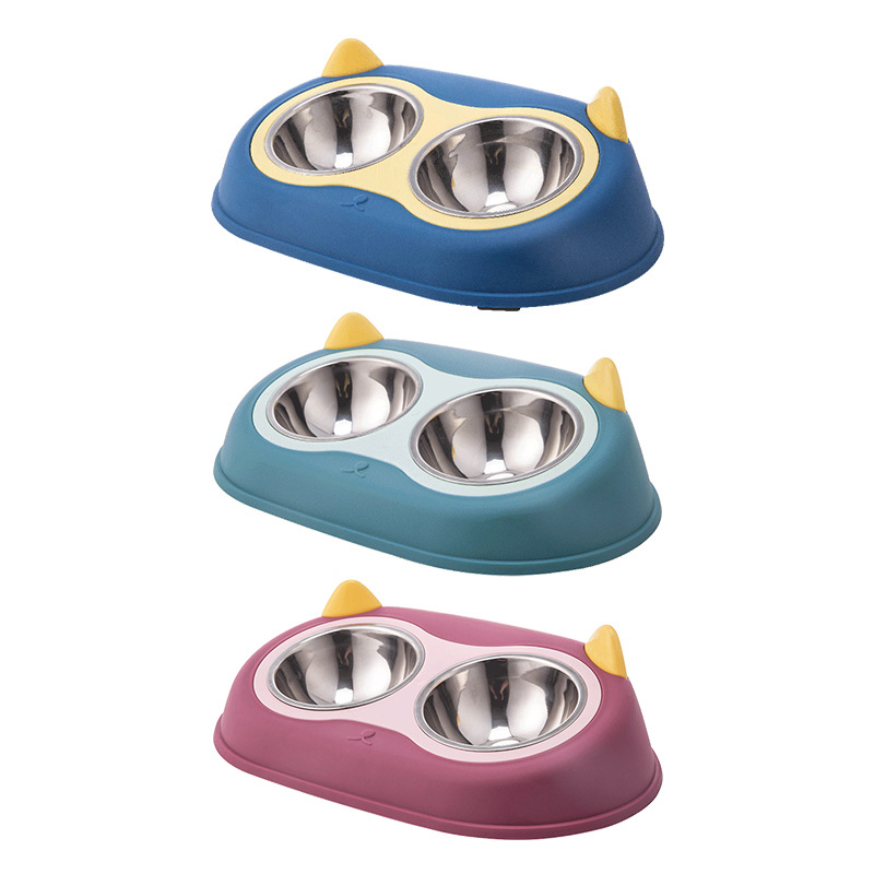 Wholesale pet bowls, multi-functional protection for cervical vertebrae, anti-tipping and anti-slip dog bowls, cat bowls, stainless steel double bowls for feeding, in stock Item Picture