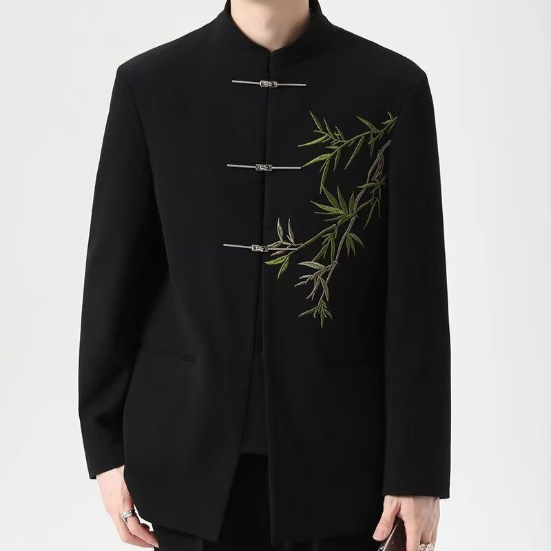 New Chinese-style men's airplane buckle Chinese-style bamboo embroidery coat with shoulder pads, graduation ceremony dress, men's Zhongshan Tang suit Item Picture