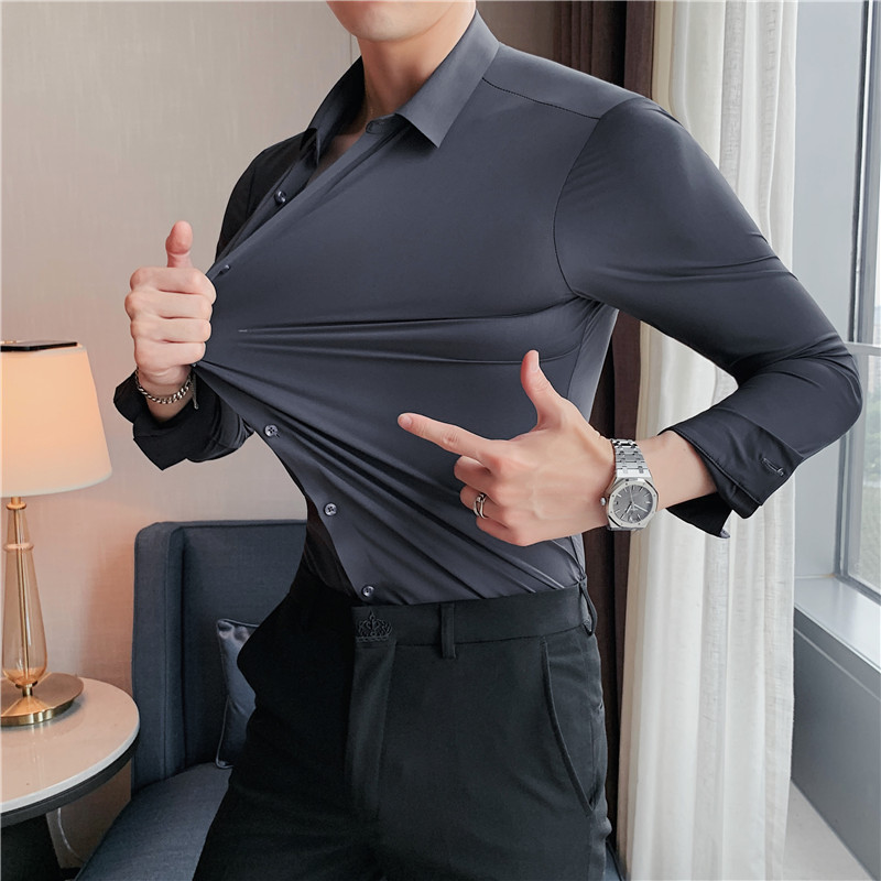 Cross-border elastic silk men's shirt, long-sleeved new solid color business professional workwear, non-ironing shirt for work