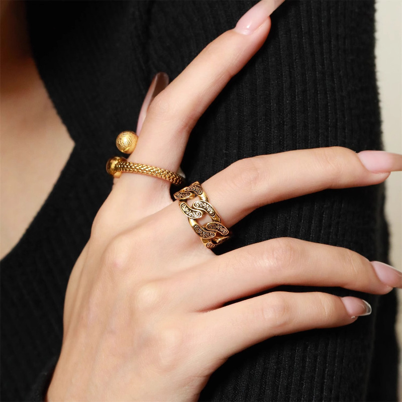 复古做旧荆棘唐草浮雕链条戒指女时尚重工小众设计高级感食指戒潮