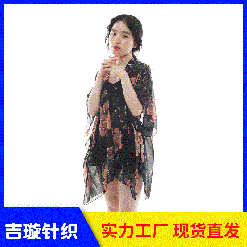 Four Seasons Big Flower Chiffon split scarves, chiffon silk scarves, fashionable air conditioning shawls, vacation and travel beach scarves, cross-border wholesale details Picture