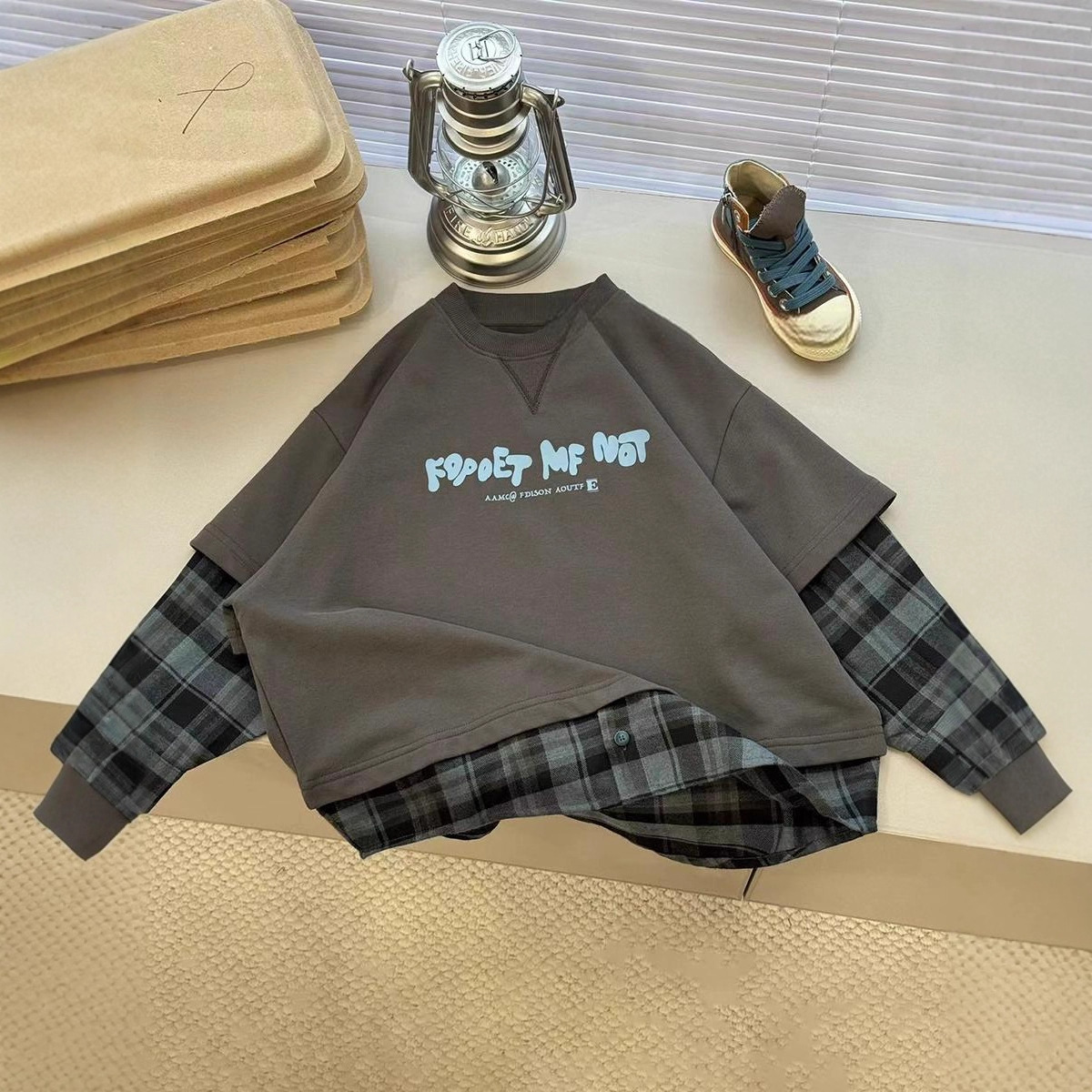 Long-sleeved T-shirt for boys, children's lapel fake two pieces, spring and autumn, 2025 new style thin checkered casual boys' top 5 Specification image