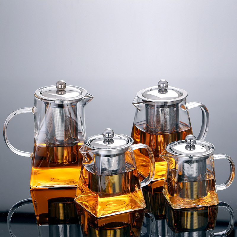 四方玻璃茶壶批发玻璃泡茶壶耐高温加厚公道杯不锈钢过滤茶具套装