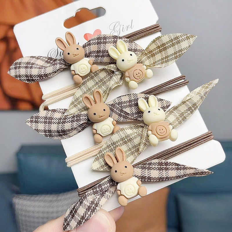 The Year Of The Rabbit Plaid Head Rope Fabric Bow Hair Rope Korean Milk Tea Color Temperament Rubber Band Sweet Hair Accessories