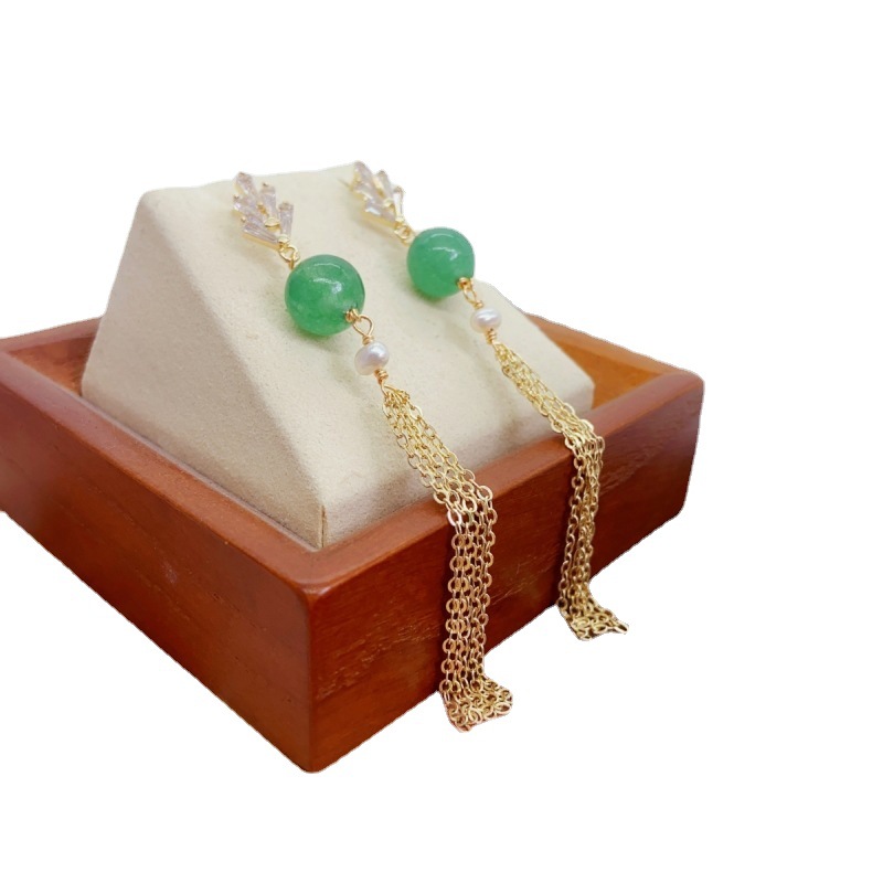 ED040064 Dongling Jade long tassel stud earrings, gilded long tassel earrings and pendants, inlaid with fashionable and retro green Item Picture