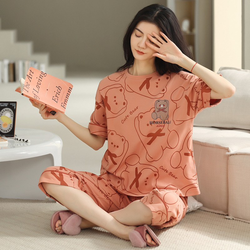 Pure cotton pajama women's summer set, fashionable large-sized, casual and cute knitted short-sleeved home wear wholesale, can be worn outside details Picture