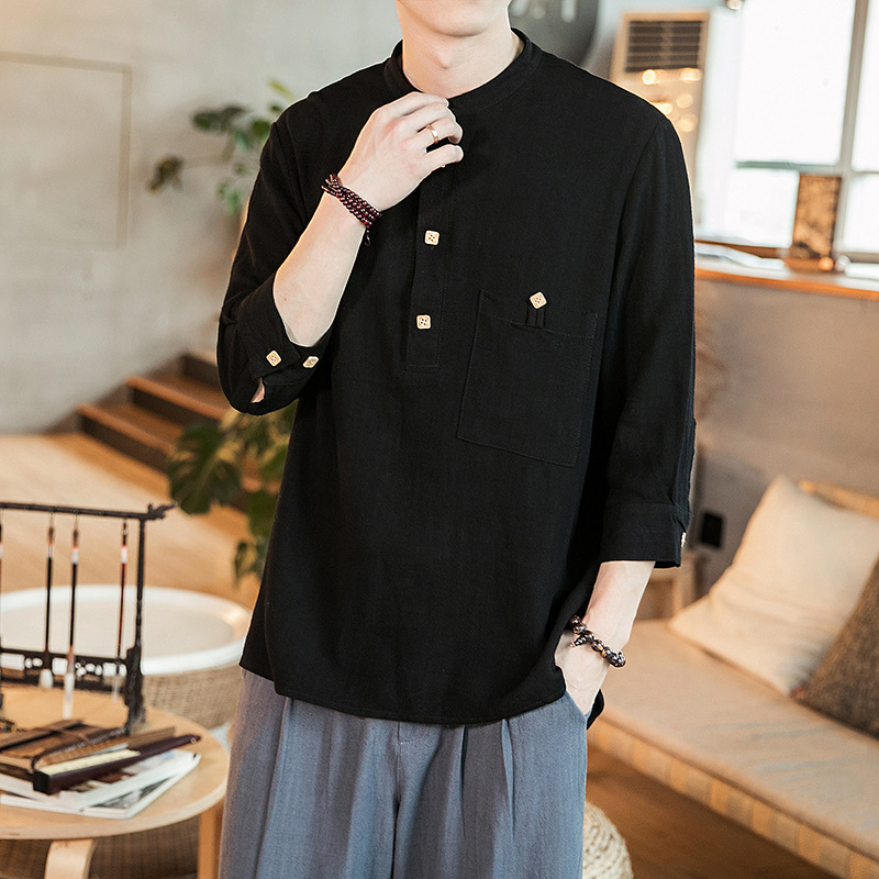 2021 Spring/Summer new Men's retro cotton and linen simple shirt, men's casual large-sized solid color three-quarter sleeve shirt Specification image