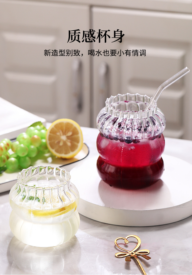 直销毛毛虫ins竖纹玻璃果汁 咖啡杯吸管杯冷饮杯嘟嘟奶茶杯早餐杯详情3