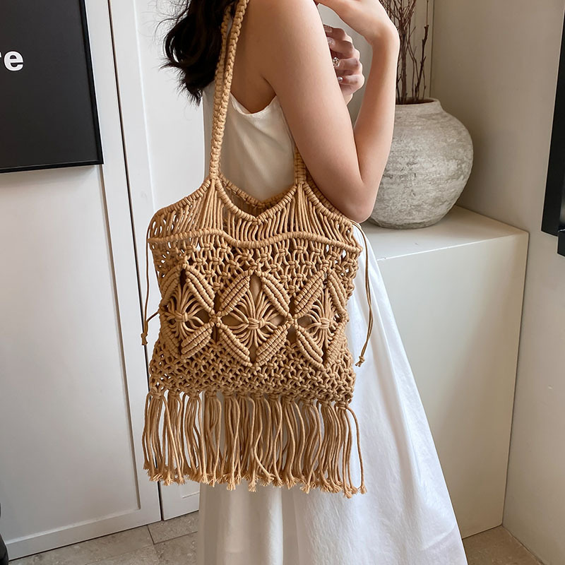Cross-border wholesale handmade cotton thread woven bag 2025 new style versatile single-shoulder armpit bag, straw woven bag, hollowed-out beach bag Specification image