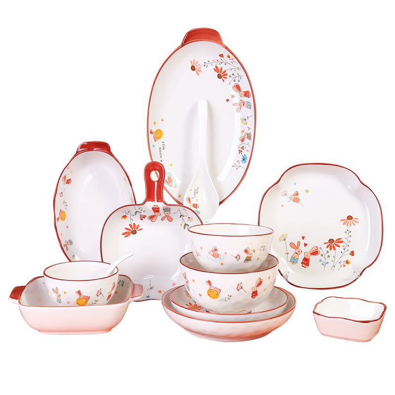 Set of tableware, light luxury Chinese-style home creative ceramic soup bowls, plates, vegetable plates, rice bowls, double-ear one-person meals, cute rabbits for the whole family Item Picture