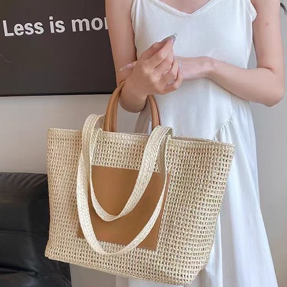 新款大容量百搭草编包女松弛感日系潮流手提单肩包度假旅行沙滩包