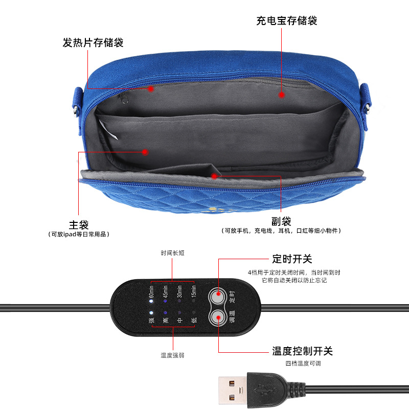 HAWEEL Cross-border crossbody single-shoulder hand warmer small bag, digital storage bag, heating and warmth bag, USB heat pack Specification image