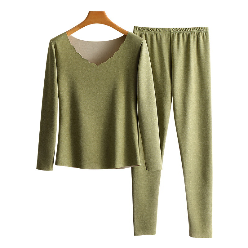 De Rong Seamless Self-heating long-sleeved thermal underwear for women, thickened V-neck base layer, thermal jacket and thermal pants set Item Picture
