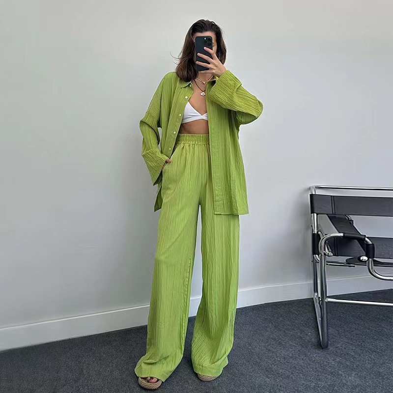 European and American women's clothing 2025 Autumn new collection: Zou Bu Casual loose lapel shirt + High-waisted wide-leg pants two-piece set full figure