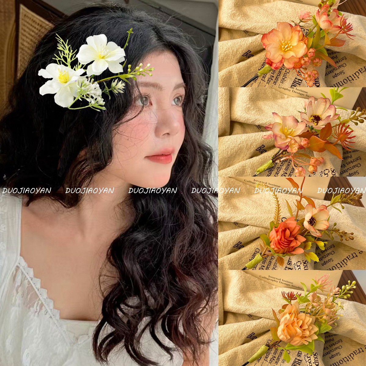 The new spring and summer floral one-line clip hairstyle exudes a high-end atmosphere. It's an early spring accessory for women to go out for photos, featuring bangs and hairpins
