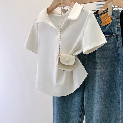 polo collar cotton short-sleeved T-shirt for women, solid color short, versatile and slimming top thumbnail