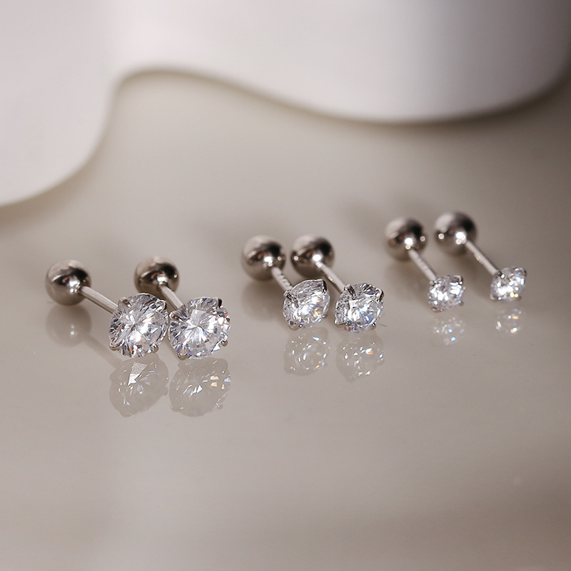 Round zircon 925 sterling silver screw buckle ear piercing stud, simple and cold style for women, ear bone stud E9757 details Picture