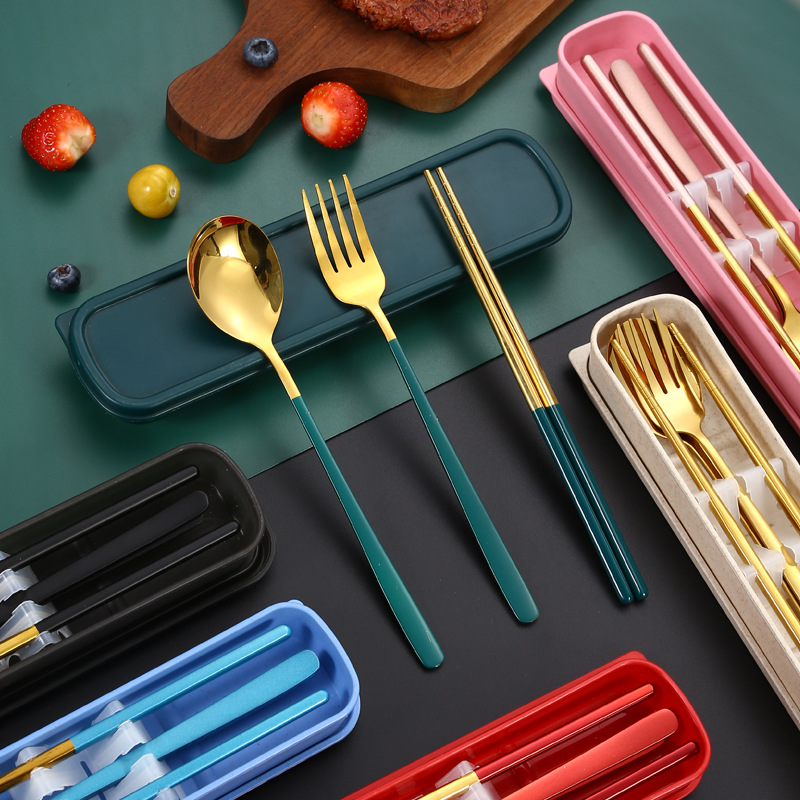 Stainless Steel Fork Spoon Chopsticks Korean Style Three Piece Portable Tableware Set Work Students Outdoor Tableware Set details Picture