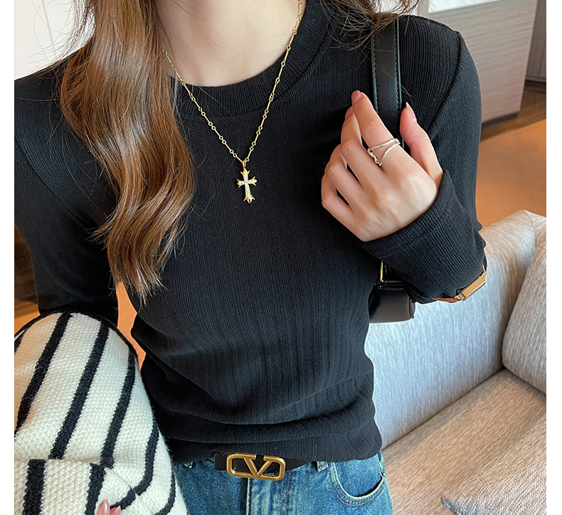 新款螺纹小圆领打底衫女内搭高级感秋冬季长袖t恤可外穿德绒上衣详情7