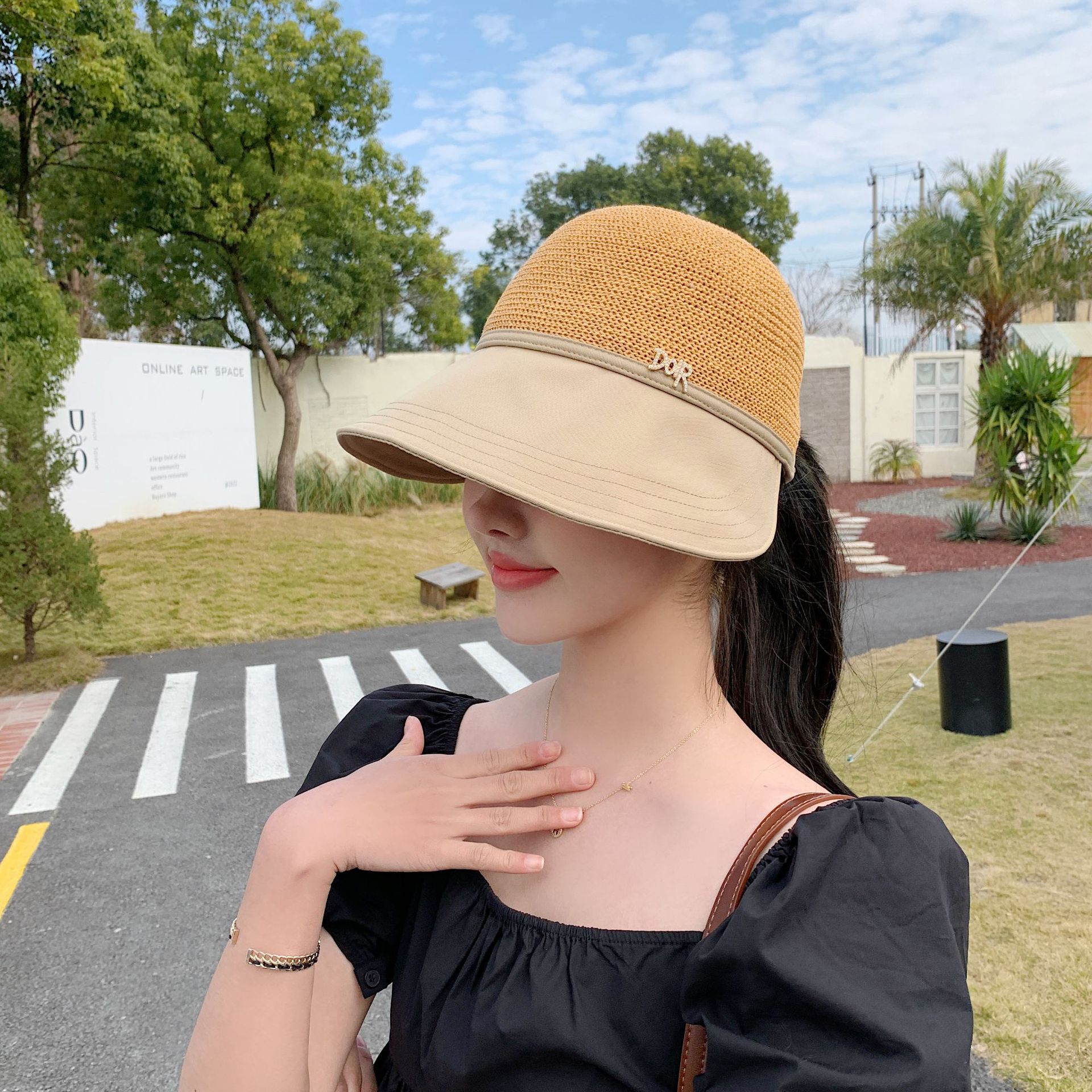 Summer New Hat Hollowed-Out Large Brim Hat Breathable Uv Protection Outdoor Travel Sun Protection Cap