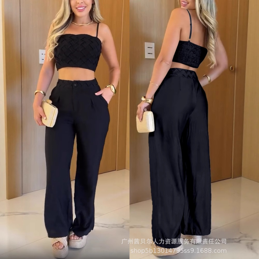 ODS5652 woven texture halter top and wide-leg trousers set Specification drawing
