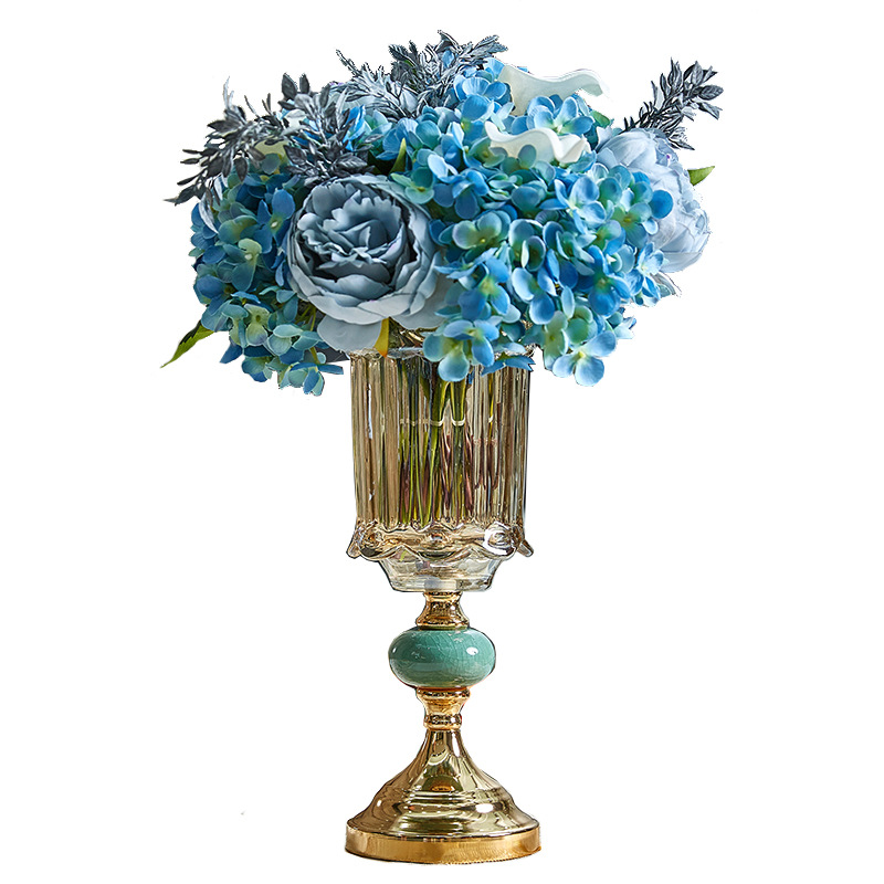 Light Luxury Gold Metal Crystal Glass Vase European Model Room Living Room Table Top Decoration Vase Set Item Picture