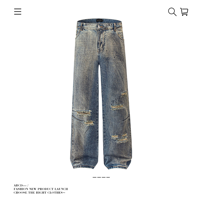 美式复古高街水洗做旧破洞牛仔裤男女潮vintage宽松直筒休闲长裤