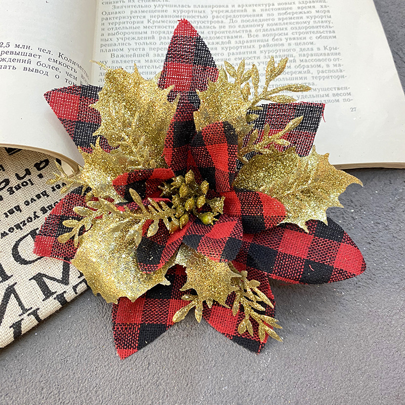 Amazon's New Christmas Flower Christmas Red Plaid Christmas Powder Flower Three-Dimensional Three Layers Of Gold Powder Flower Christmas Decoration details Picture